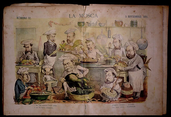 Satirical caricature of the government ministers in the kitchen, published in La Mosca, No