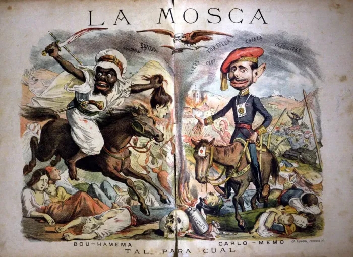 Framed Print : Satirical caricatures of the situation in Morocco and the Carlist War, Tal para Cual Framed Print : Satirical caricatures of the situation in Morocco and the Carlist War, Tal para Cual