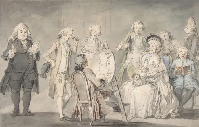 Framed Print : Satirical drawing: Artist Painting an Old Ladys Portrait, 1729-1804 Framed Print : Satirical drawing: Artist Painting an Old Ladys Portrait, 1729-1804