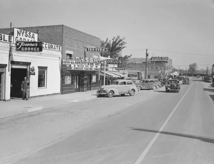 Framed Print : Saturday afternoon, main street of Nyssa, Oregon, 1939. Creator: Dorothea Lange Framed Print : Saturday afternoon, main street of Nyssa, Oregon, 1939. Creator: Dorothea Lange