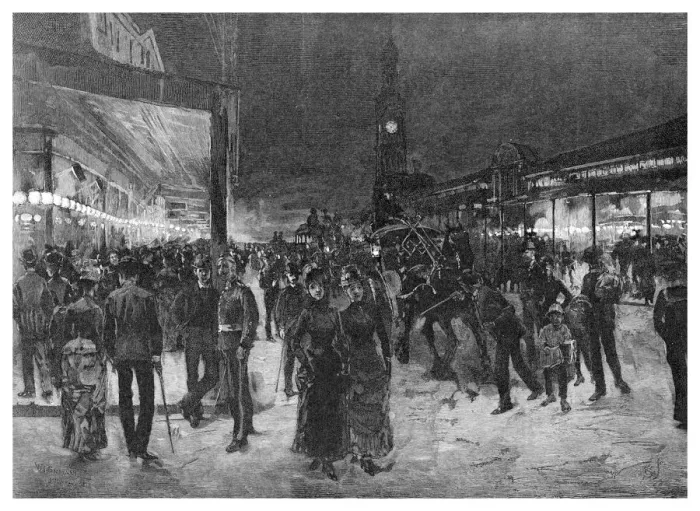 Framed Print : Saturday night in George Street, Sydney, New South Wales, Australia, 1886. Artist: WJ Smedley