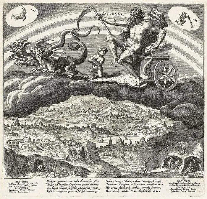 Framed Print : Saturn. (Planetarum effectus et eorum in signis zodiaci), 1585. Creator: Sadeler, Jan (Johannes), the Elder (1550-1600) Framed Print : Saturn. (Planetarum effectus et eorum in signis zodiaci), 1585. Creator: Sadeler, Jan (Johannes), the Elder (1550-1600)