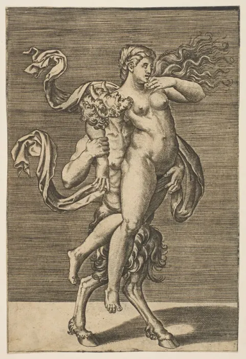 Framed Print : Satyr carrying a nymph restraining her right arm, ca. 1515-1600. Creator: Unknown Framed Print : Satyr carrying a nymph restraining her right arm, ca. 1515-1600. Creator: Unknown