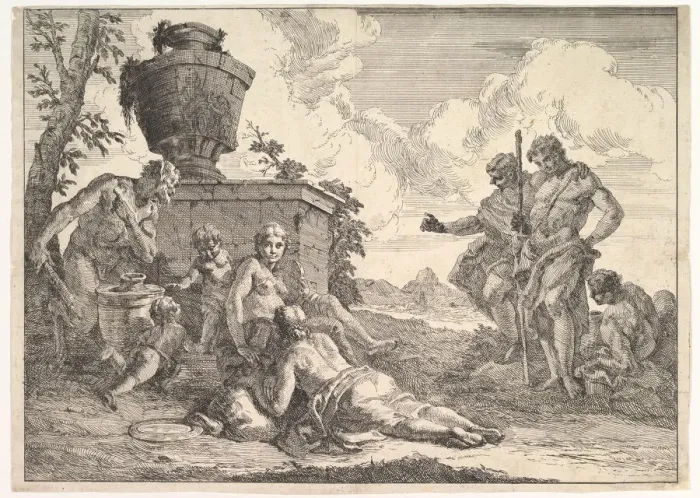 Framed Print : Satyr with Club and Seven Figures, from Bacchanals and Histories, 1744 Framed Print : Satyr with Club and Seven Figures, from Bacchanals and Histories, 1744
