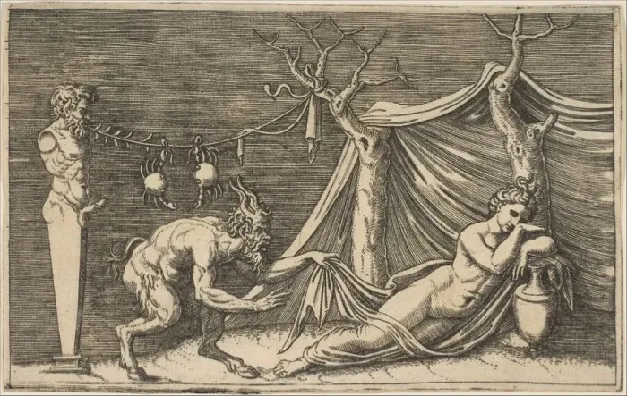 Framed Print : A satyr discovering a sleeping woman; two crabs hanging from a rope which is strung