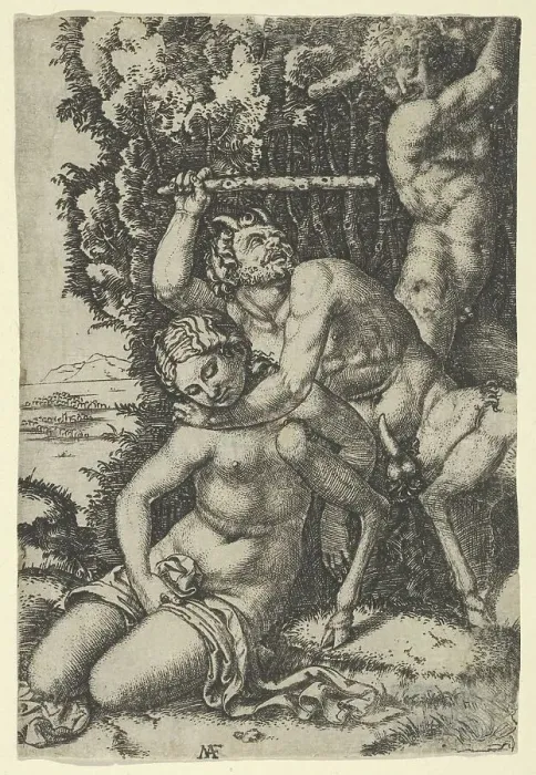 Framed Print : A satyr fighting for a nymph, ca. 1510-40. Creator: Anon Framed Print : A satyr fighting for a nymph, ca. 1510-40. Creator: Anon