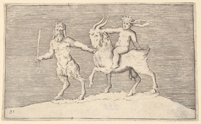 Framed Print : Satyr Leading Goat on which a Infant Rides, published ca. 1599-1622. Creator: Unknown Framed Print : Satyr Leading Goat on which a Infant Rides, published ca. 1599-1622. Creator: Unknown