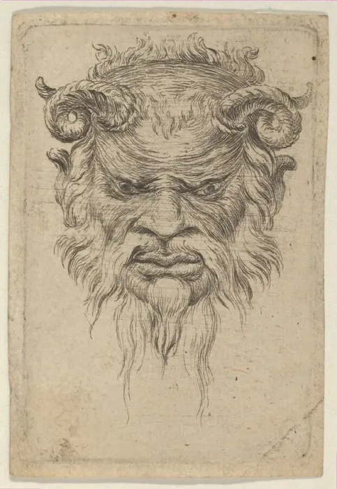 Framed Print : Satyr Mask with Curled Horns Looking Down, from Divers Masques, ca. 1635-45 Framed Print : Satyr Mask with Curled Horns Looking Down, from Divers Masques, ca. 1635-45