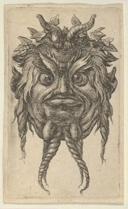 Framed Print : Satyr Mask with Horns and a Twisted Beard Wearing an Ivy Wreath, from Divers Masque Framed Print : Satyr Mask with Horns and a Twisted Beard Wearing an Ivy Wreath, from Divers Masque