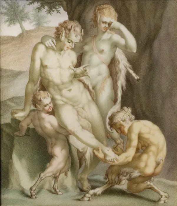 Framed Print : A satyr, a mean, and two fauns, busy pulling out a needle, 1713. Creator: Carl Gustav Klingstedt Framed Print : A satyr, a mean, and two fauns, busy pulling out a needle, 1713. Creator: Carl Gustav Klingstedt