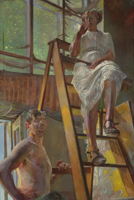 Framed Print : Satyr and a Model, 1913. Creator: Jacek Malczewski Framed Print : Satyr and a Model, 1913. Creator: Jacek Malczewski