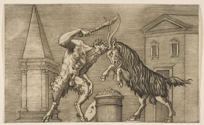 Framed Print : A satyr and a ram attacking each other, the satyr wielding a club with his right ha Framed Print : A satyr and a ram attacking each other, the satyr wielding a club with his right ha