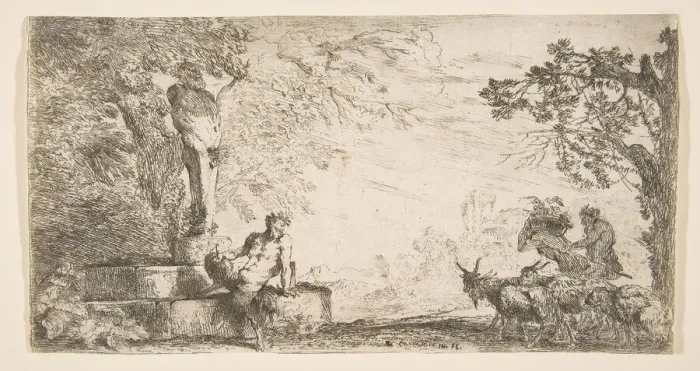 Framed Print : A satyr reclining at the foot of a staute of Priapus, goats at the right, ca. 1645-48 Framed Print : A satyr reclining at the foot of a staute of Priapus, goats at the right, ca. 1645-48