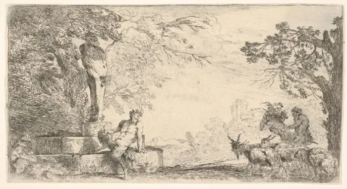 Framed Print : A satyr reclining at the foot of a staute of Priapus, goats at the right, ca. 1645-48 Framed Print : A satyr reclining at the foot of a staute of Priapus, goats at the right, ca. 1645-48