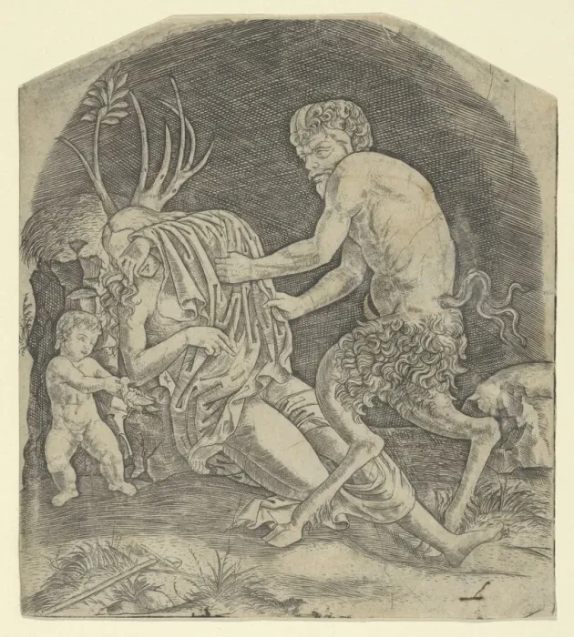 Framed Print : A satyr about to remove drapery covering a Nymph, ca. 1510-20. Creator: Marcantonio Raimondi Framed Print : A satyr about to remove drapery covering a Nymph, ca. 1510-20. Creator: Marcantonio Raimondi