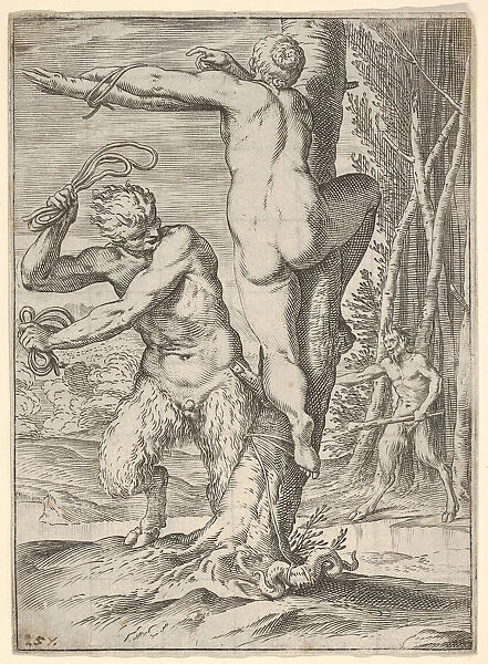 Satyr whipping a nymph, who is shown from behind and bound to a tree, a second saty