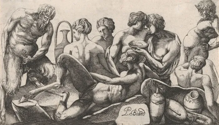 Framed Print : Eight Satyres and Satyresses Finishing a Meal, 1607-61. Creator: Pierre Biard Framed Print : Eight Satyres and Satyresses Finishing a Meal, 1607-61. Creator: Pierre Biard