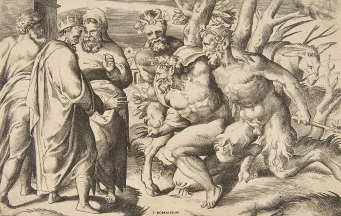 Framed Print : Two satyrs bringing Silenus King Midas standing at the left, 1531-76 Framed Print : Two satyrs bringing Silenus King Midas standing at the left, 1531-76