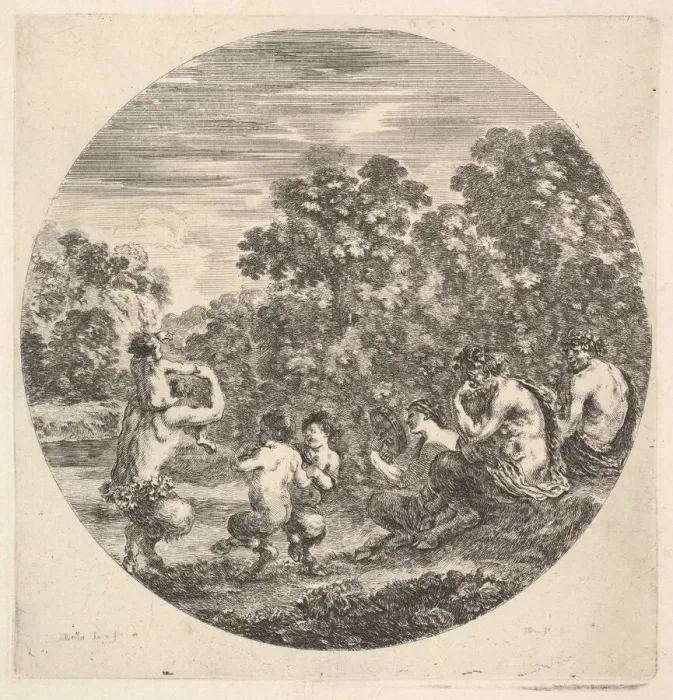 Framed Print : Two satyrs and a faun seated to right watching two child satyrs and another satyr w Framed Print : Two satyrs and a faun seated to right watching two child satyrs and another satyr w