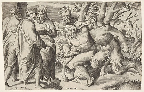 Two satyrs leading Silenus to King Midas, who stands at left with two male attendan
