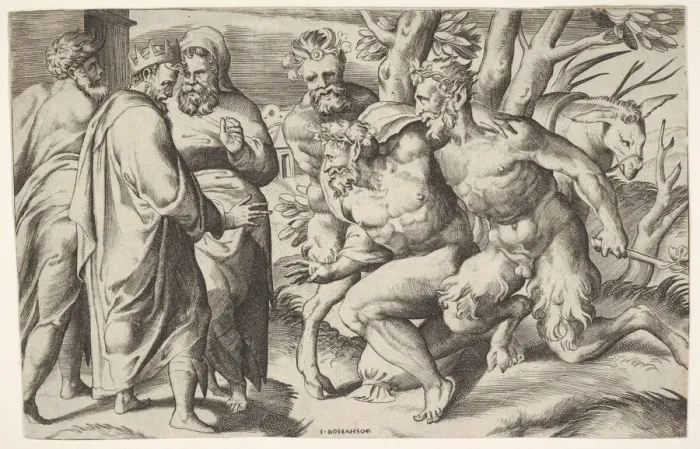 Framed Print : Two satyrs leading Silenus to King Midas, who stands at left with two male attendan Framed Print : Two satyrs leading Silenus to King Midas, who stands at left with two male attendan