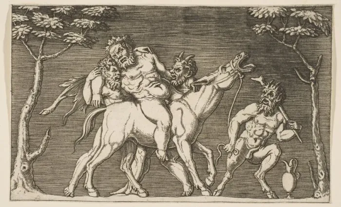 Framed Print : Two satyrs placing Silenus on a braying mule and a third satyr at right, ca. 1515-27 Framed Print : Two satyrs placing Silenus on a braying mule and a third satyr at right, ca. 1515-27
