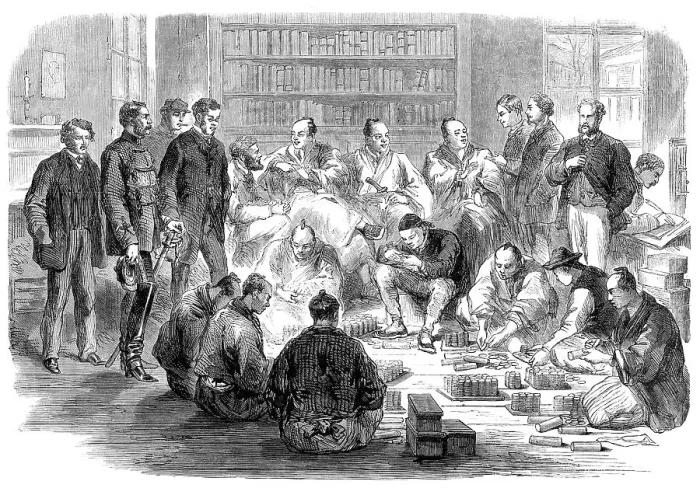 Framed Print : Satzuma's envoys paying the indemnity money at Yokohama for the murder of Mr. Richardson, 1864. Creator: Unknown Framed Print : Satzuma's envoys paying the indemnity money at Yokohama for the murder of Mr. Richardson, 1864. Creator: Unknown