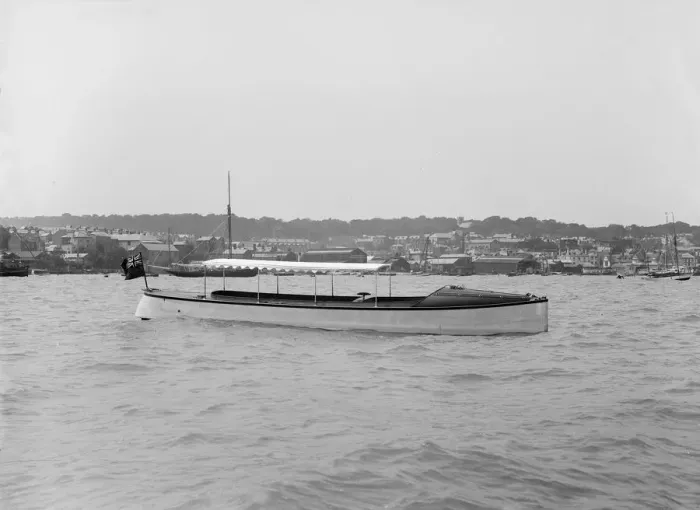Framed Print : Saunders motor launch at anchor, 1914. Creator: Kirk & Sons of Cowes Framed Print : Saunders motor launch at anchor, 1914. Creator: Kirk & Sons of Cowes