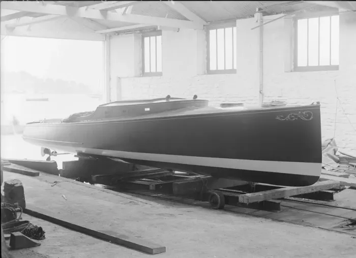 Framed Print : Saunders motor launch on slipway, 1914. Creator: Kirk & Sons of Cowes Framed Print : Saunders motor launch on slipway, 1914. Creator: Kirk & Sons of Cowes