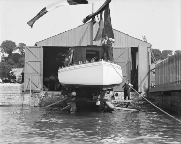 Framed Print : Saunders motor launch on slipway ready for launching, 1908. Creator: Kirk & Sons of Cowes Framed Print : Saunders motor launch on slipway ready for launching, 1908. Creator: Kirk & Sons of Cowes