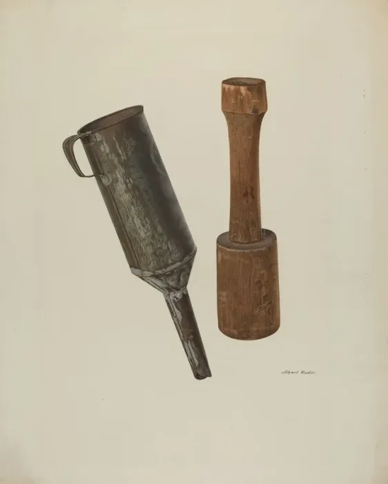 Framed Print : Sausage Stuffer and Funnel, 1940. Creator: Albert Rudin Framed Print : Sausage Stuffer and Funnel, 1940. Creator: Albert Rudin