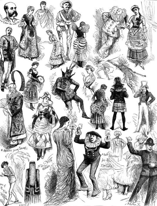 Framed Print : The Savage Club Entertainment at the Royal Albert Hall: some costumes at the ball, 1883. Creator: R. Taylor Framed Print : The Savage Club Entertainment at the Royal Albert Hall: some costumes at the ball, 1883. Creator: R. Taylor