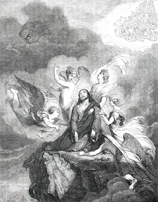Framed Print : Our Saviour after the Temptation - painted by Sir George Hayter, M. A. S. L. 1850. Creator: Unknown Framed Print : Our Saviour after the Temptation - painted by Sir George Hayter, M. A. S. L. 1850. Creator: Unknown