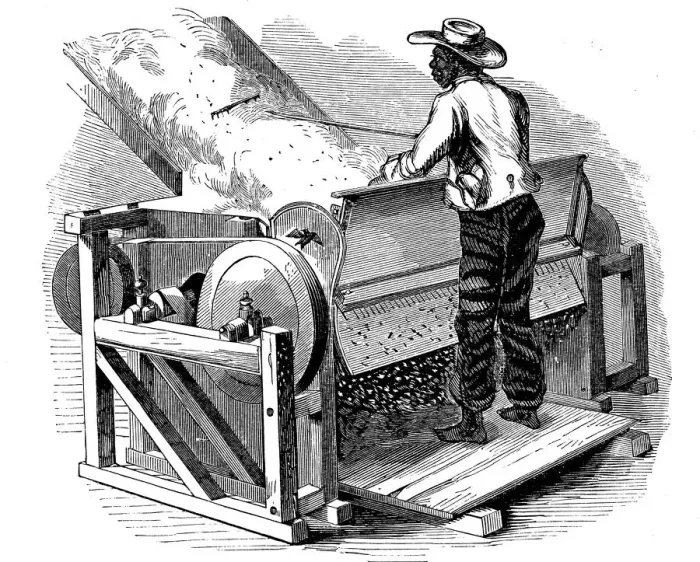 Framed Print : Saw gin for cleaning cotton being operated by barefoot black labourer, southern USA, 1865 Framed Print : Saw gin for cleaning cotton being operated by barefoot black labourer, southern USA, 1865