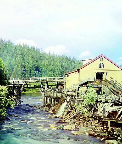 Sawmill on the Kumsa River near the Medvezhia Gora Station, 1915. Creator: Sergey Mikhaylovich Prokudin-Gorsky