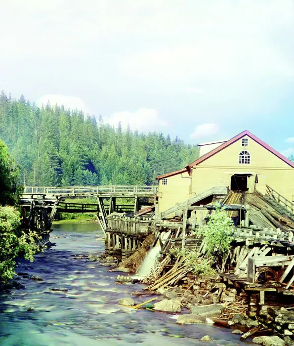 Framed Print : Sawmill on the Kumsa River near the Medvezhia Gora Station, 1915. Creator: Sergey Mikhaylovich Prokudin-Gorsky Framed Print : Sawmill on the Kumsa River near the Medvezhia Gora Station, 1915. Creator: Sergey Mikhaylovich Prokudin-Gorsky