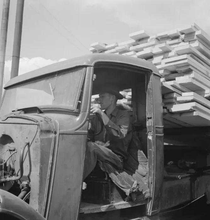 Framed Print : Sawn lumber leaving the mill by truck, Keno, Klamath County, Oregon, 1939. Creator: Dorothea Lange Framed Print : Sawn lumber leaving the mill by truck, Keno, Klamath County, Oregon, 1939. Creator: Dorothea Lange