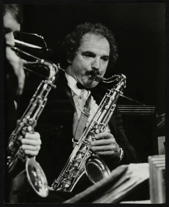Framed Print : Saxophonist Frank Tiberi performing at the Forum Theatre, Hatfield, Hertfordshire, 1983 Framed Print : Saxophonist Frank Tiberi performing at the Forum Theatre, Hatfield, Hertfordshire, 1983