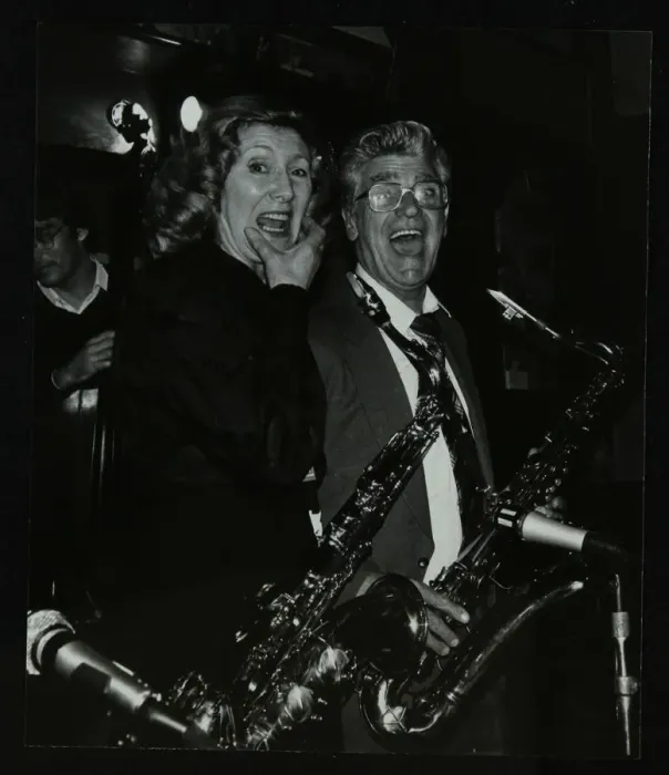 Framed Print : Saxophonists Kathy Stobart and Jimmy Skidmore at The Bell, Codicote, Hertfordshire, 10 October 1982 Framed Print : Saxophonists Kathy Stobart and Jimmy Skidmore at The Bell, Codicote, Hertfordshire, 10 October 1982