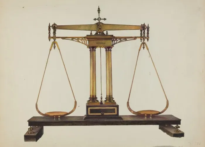 Framed Print : Scales for Weighing Gold, c. 1940. Creator: Robert W. R. Taylor Framed Print : Scales for Weighing Gold, c. 1940. Creator: Robert W. R. Taylor