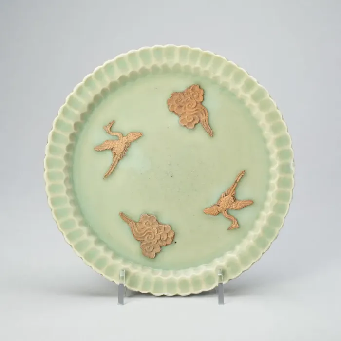 Framed Print : Scalloped-Rim Dish with Cranes and Clouds, Yuan dynasty (1279-1368). Creator: Unknown Framed Print : Scalloped-Rim Dish with Cranes and Clouds, Yuan dynasty (1279-1368). Creator: Unknown
