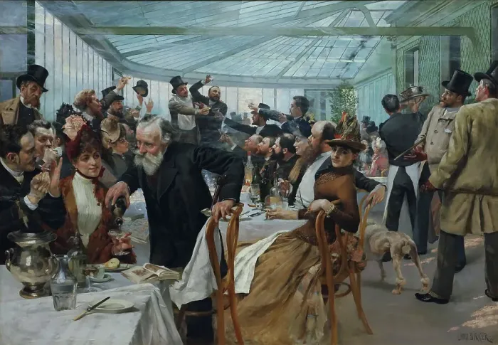 Framed Print : The Scandinavian Artists Lunch at Café Ledoyen, Paris: Varnishing Day, 1886. Creator: Birger, Hugo (1854-1887) Framed Print : The Scandinavian Artists Lunch at Café Ledoyen, Paris: Varnishing Day, 1886. Creator: Birger, Hugo (1854-1887)