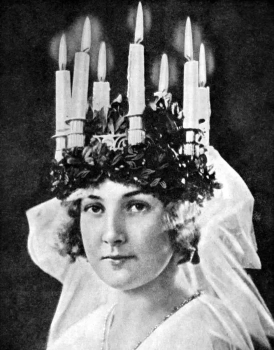 Framed Print : Scandinavian girl wearing candle headdress on St Lucys Day, 1936. Artist: Fox Framed Print : Scandinavian girl wearing candle headdress on St Lucys Day, 1936. Artist: Fox