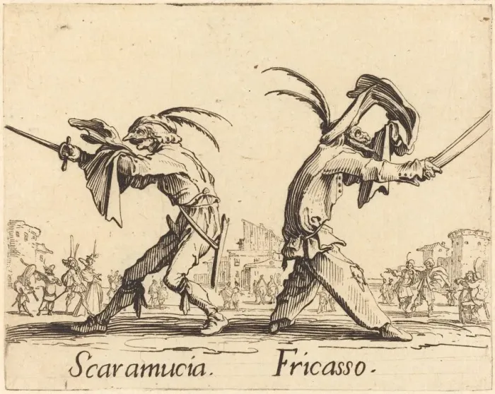 Framed Print : Scaramucia and Fricasso, c. 1622. Creator: Jacques Callot