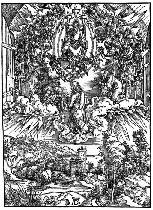 Framed Print : Scene from the Apocalypse, St John before God the Father and the Twenty-Four Elders, 1498, (1936). Artist: Albrecht Durer Framed Print : Scene from the Apocalypse, St John before God the Father and the Twenty-Four Elders, 1498, (1936). Artist: Albrecht Durer