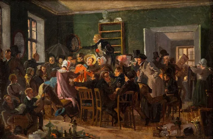 Framed Print : Scene from an auction, 1835. Creator: Marstrand, Wilhelm Nicolai (1810-1873) Framed Print : Scene from an auction, 1835. Creator: Marstrand, Wilhelm Nicolai (1810-1873)