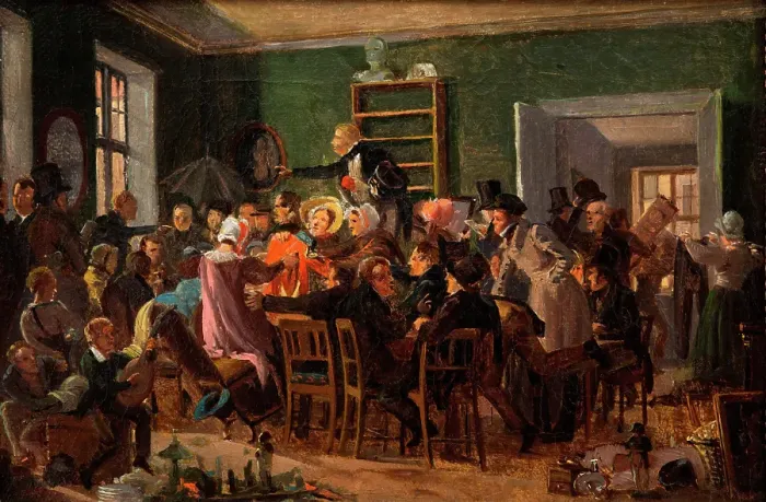 Framed Print : Scene from an auction, 1835. Creator: Wilhelm Marstrand Framed Print : Scene from an auction, 1835. Creator: Wilhelm Marstrand