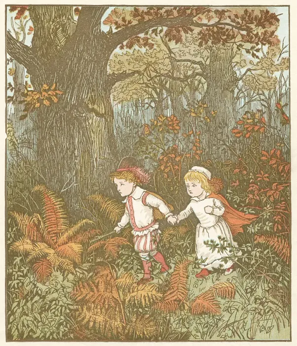 Framed Print : Scene from The Babes (Children) in the Wood, 1878. Artist: Randolph Caldecott Framed Print : Scene from The Babes (Children) in the Wood, 1878. Artist: Randolph Caldecott