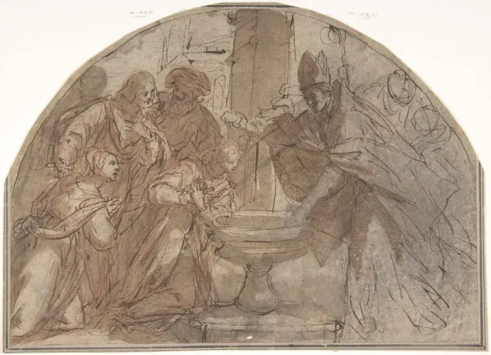 Framed Print : Scene of a Baptism of a Woman by a Bishop with Onlookers, 17th century. Creator: Anon Framed Print : Scene of a Baptism of a Woman by a Bishop with Onlookers, 17th century. Creator: Anon