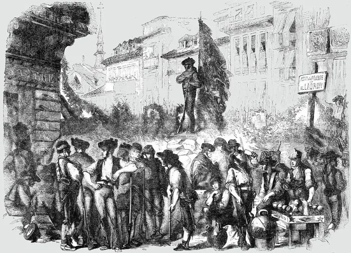 Framed Print : Scene at a Barricade during the recent Spanish Insurrection, 1854. Creator: Unknown Framed Print : Scene at a Barricade during the recent Spanish Insurrection, 1854. Creator: Unknown
